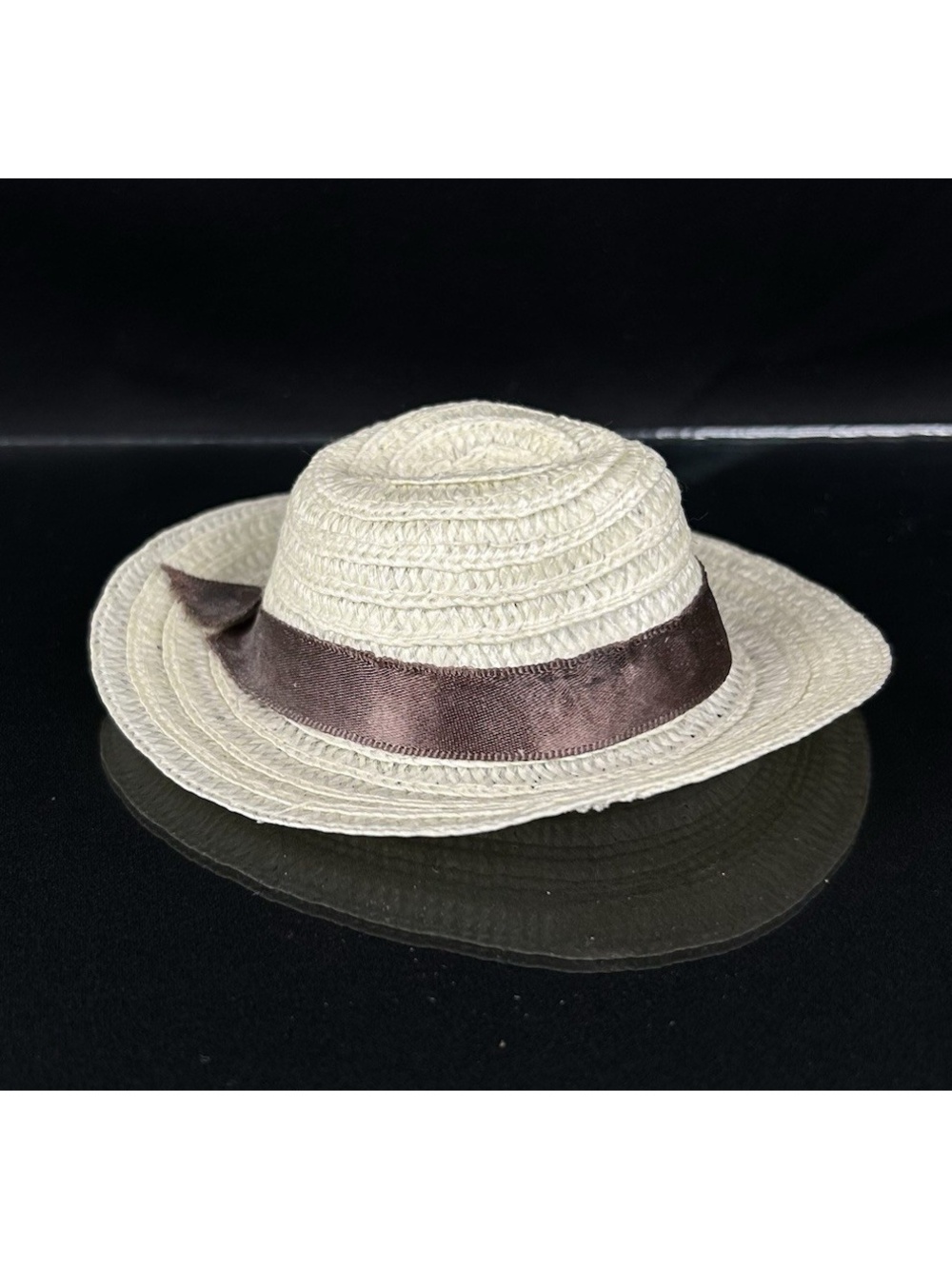 Summer Straw Hat for Doll Brown Ribbon Band With 2.75" x 2.5" Head Opening